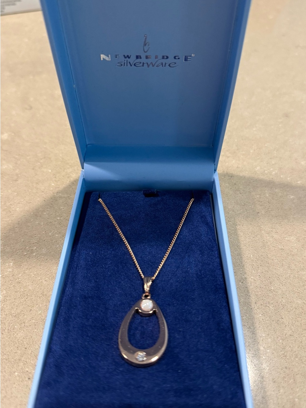 Rose Gold Teardrop Necklace with Pearl & Crystal Newbridge Silver Irish BNWT